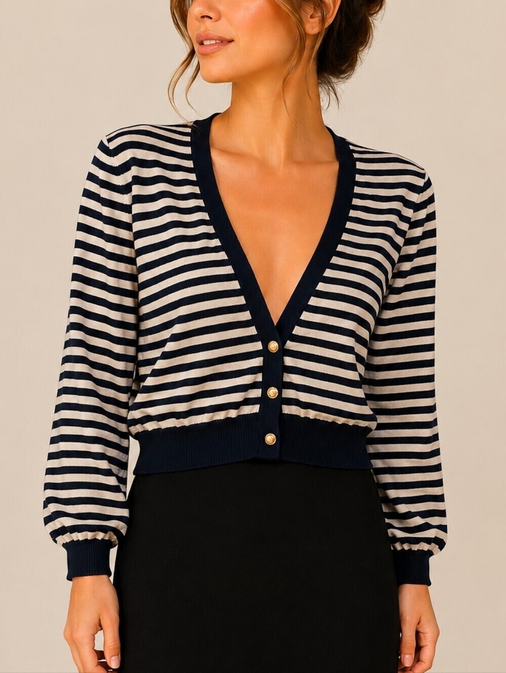 Vtg 1980s Nautical Fisherman Striped Three Button Cardigan Blouse